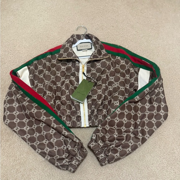 NEW!  Gucci Brown Technical Jersey Monogram  Logo Cropped Jacket - S - Picture 5 of 14